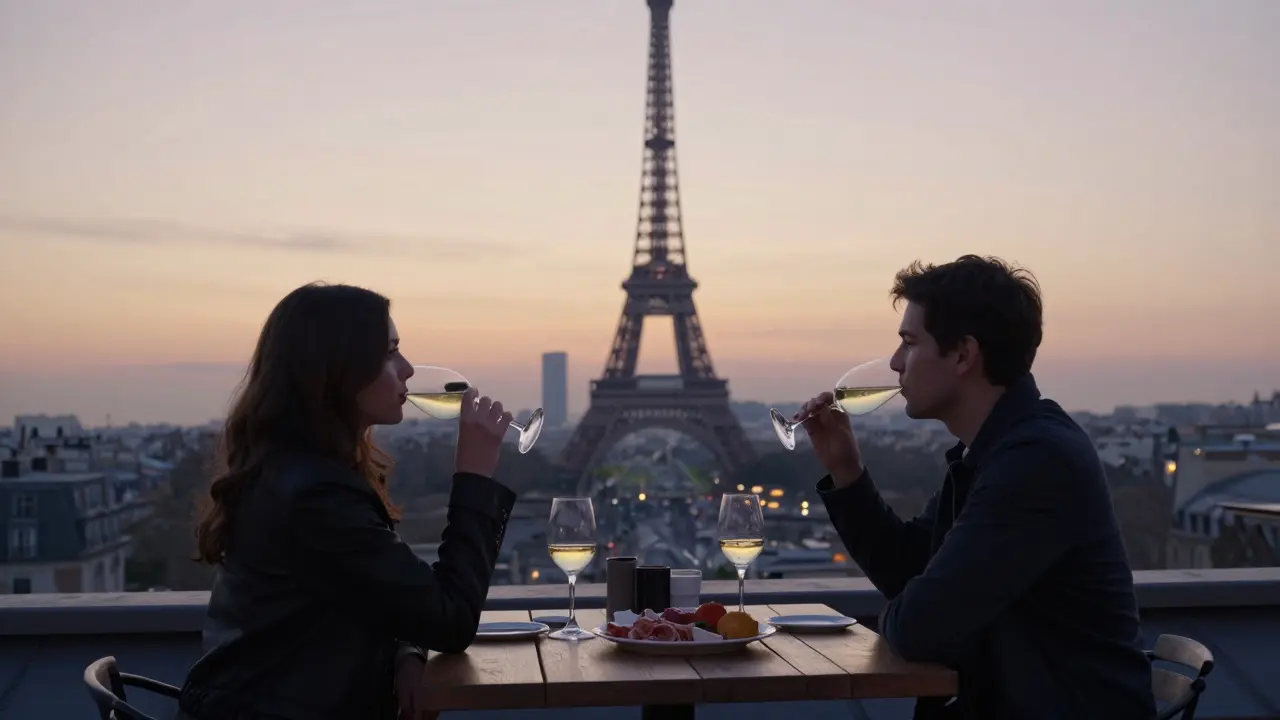 Couples enjoying wine on a Paris rooftop at sunrise with the Eiffel Tower in the distance, soft morning light and empty glasses.