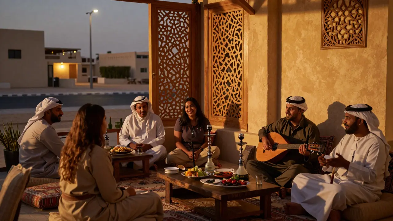 Cozy Arabic lounge with oud music, shisha, and locals relaxing on cushions in warm, dim lighting.