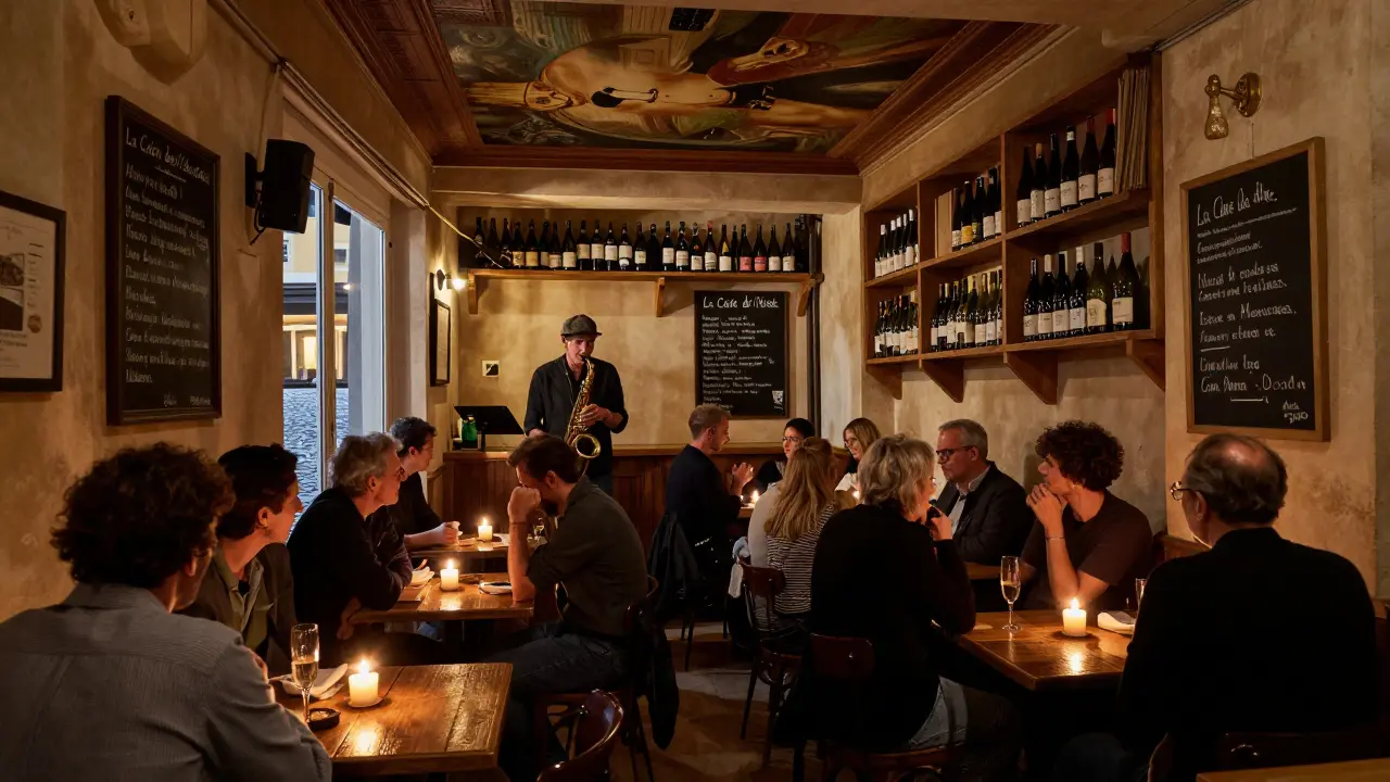 Cozy hidden jazz bar with candlelight, musicians, and intimate group in a narrow Monaco alley.