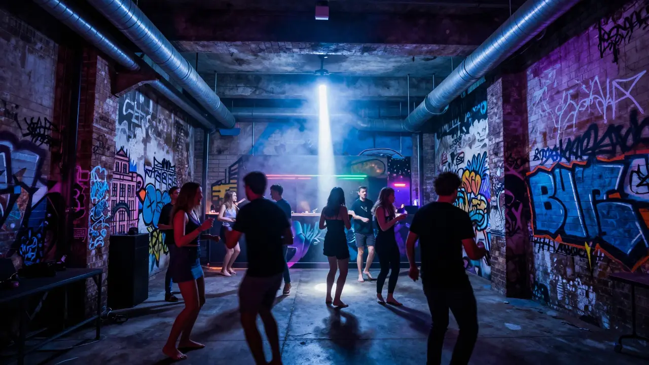 Crowd dancing in an industrial warehouse club in Paris, neon lights and graffiti walls, diverse group moving to techno music.