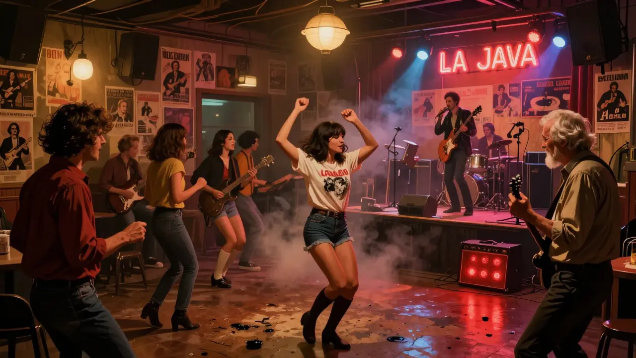 Crowded music hall with a rock band performing, posters on walls, and diverse crowd dancing under neon lights.