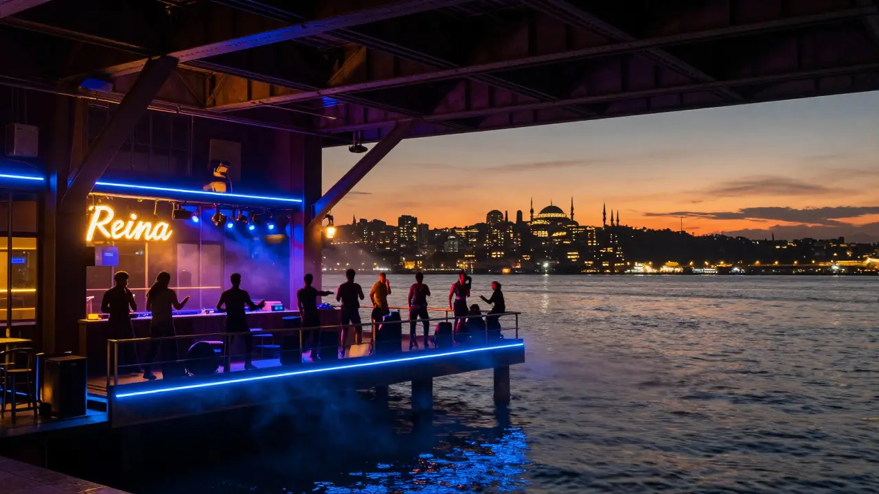 Dancers on a floating terrace at Reina club under Istanbul’s glittering skyline at night.