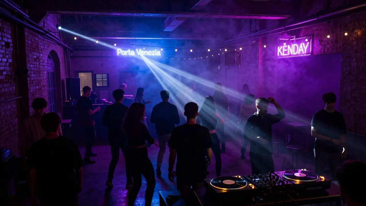 Dancers under neon lights in an industrial warehouse club, smoke and strobes creating a vibrant midnight atmosphere.