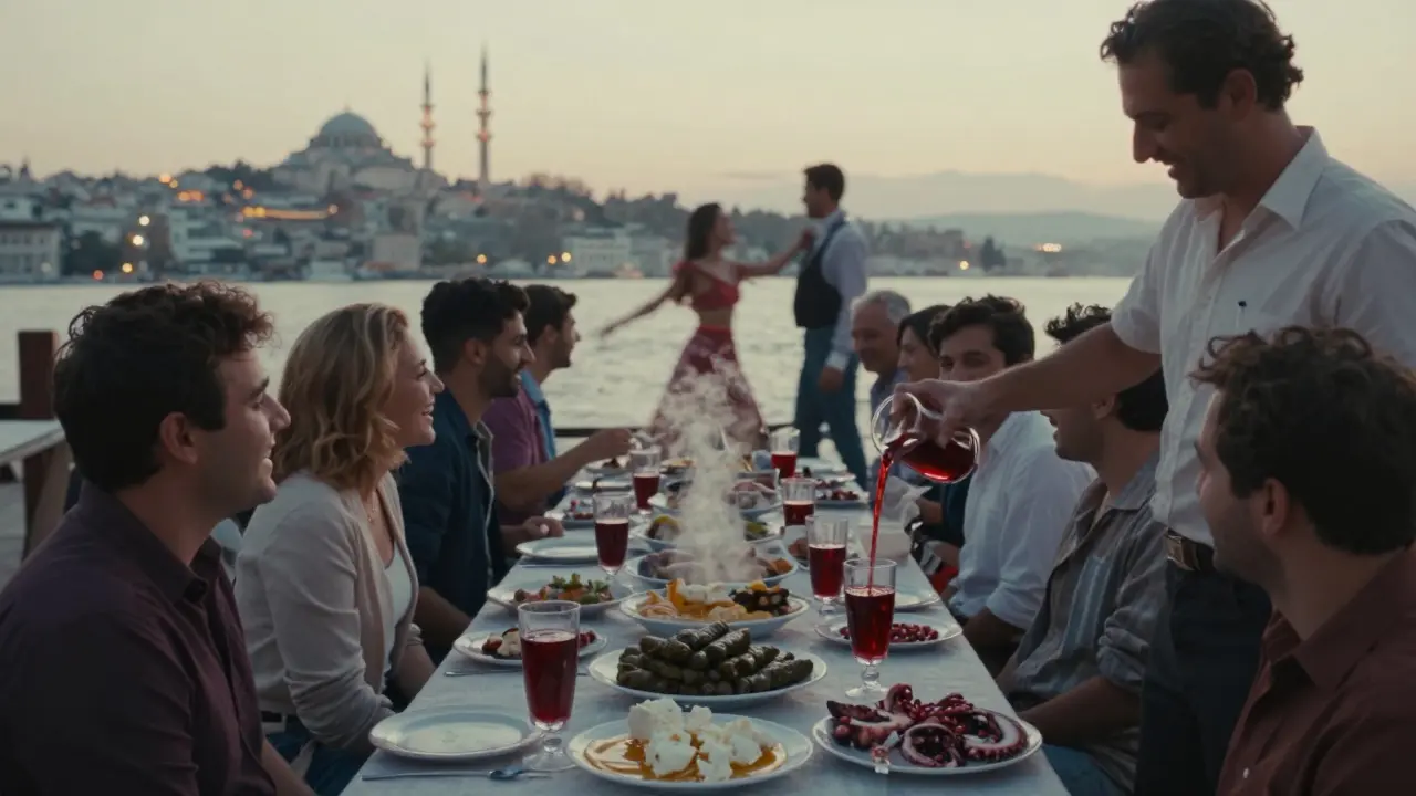 Dawn at Çiya Sofrası: people enjoy meze and fresh juice as sunrise lights up the Bosphorus.