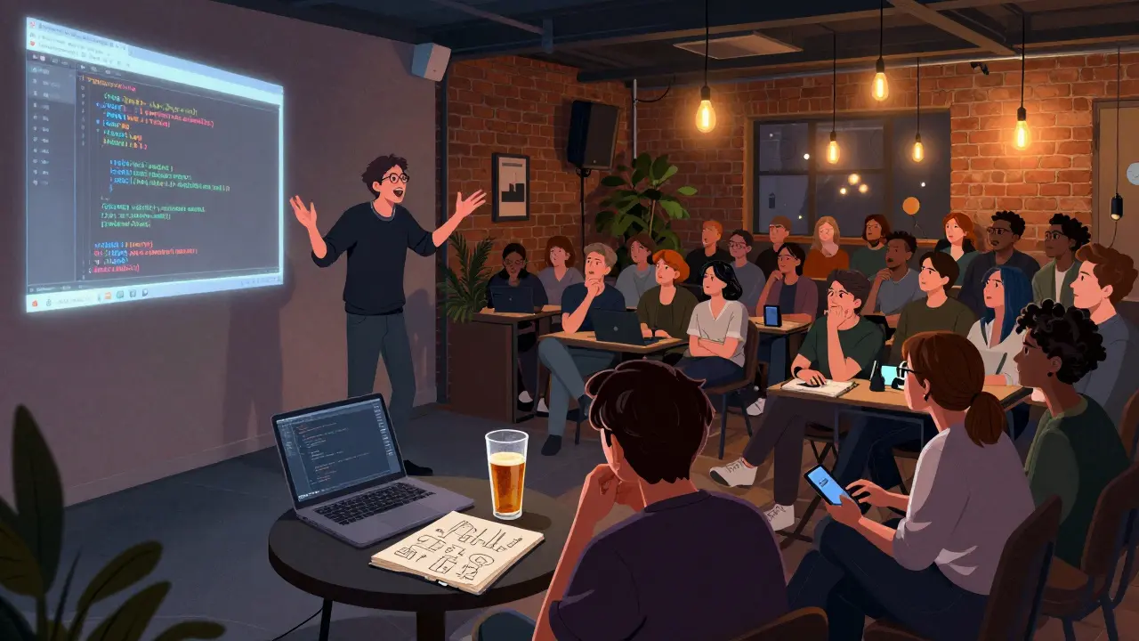 Developer presenting a live code project at Workshop in Shoreditch, audience engaged under warm lighting.