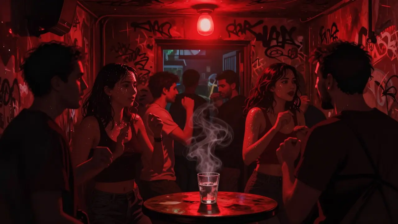 Dim underground club with dancers bathed in red light, raw techno energy, no signs or labels.