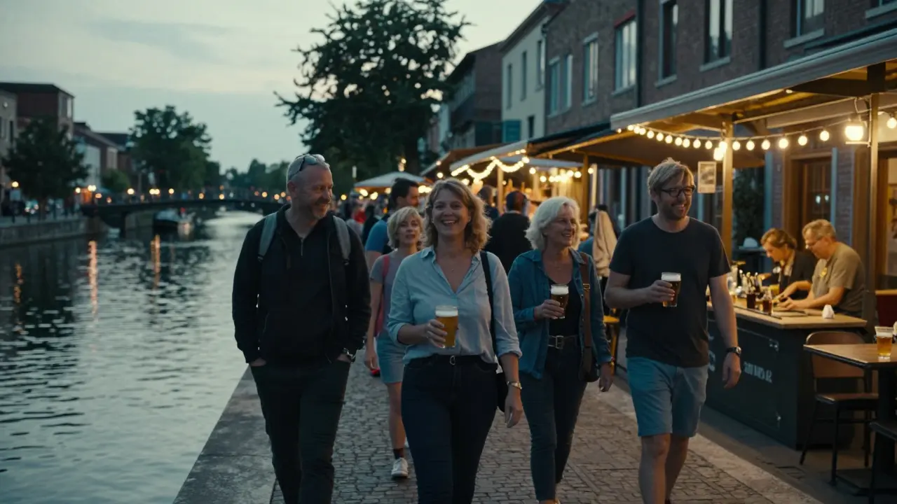 Diverse people enjoying the Navigli canal at dusk with drinks and markets nearby.