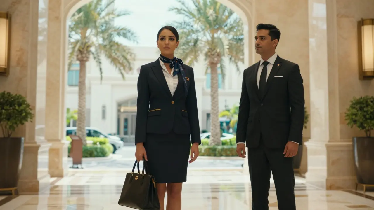 Escort and client meeting safely in a luxury hotel lobby, no physical contact, elegant surroundings.