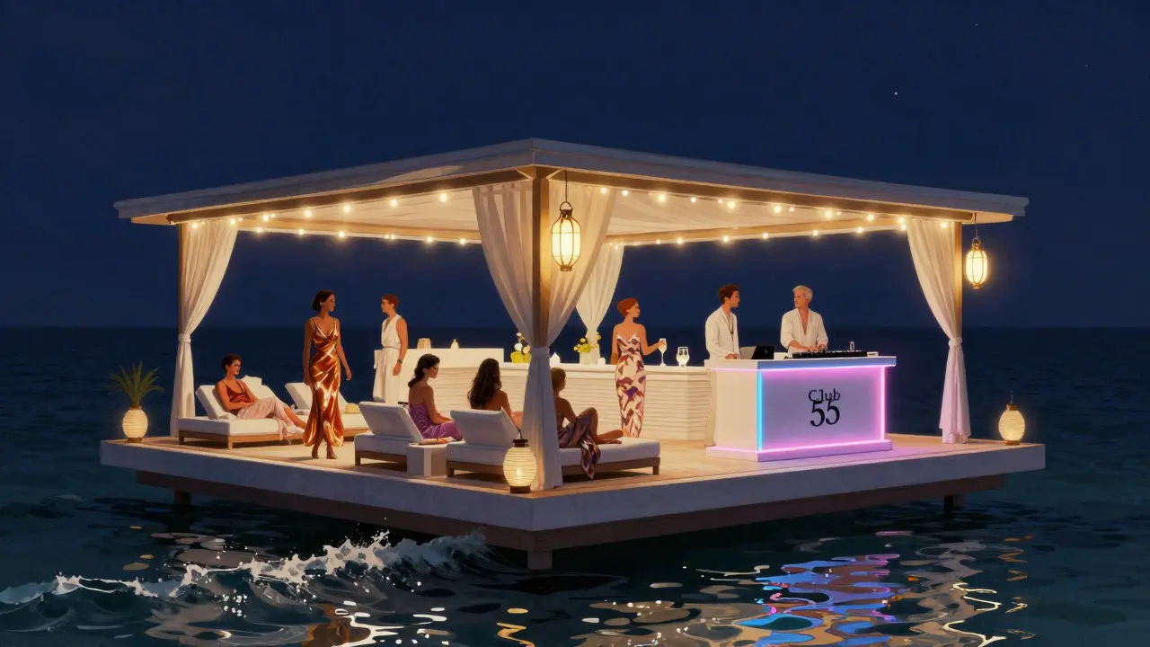 Floating nightclub on the Mediterranean at night, guests in formal attire under glowing lanterns and starlit sky.