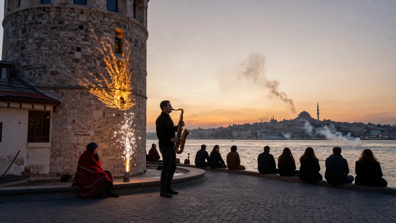 Galata Tower courtyard at dawn, jazz musicians fading into sunrise, people resting on stone steps.