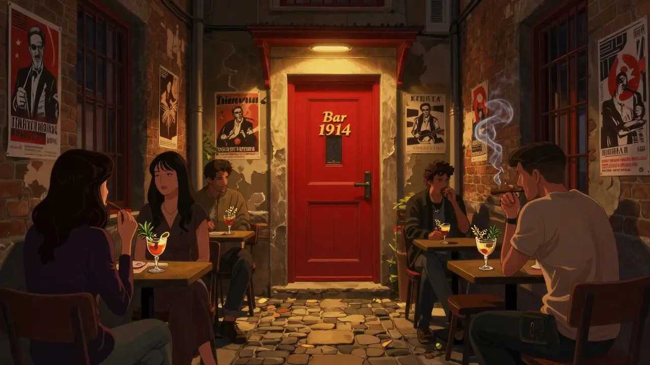 Hidden Bar 1914 in Beyoğlu's alley, red door glowing, locals sipping Turkish herbal cocktails.