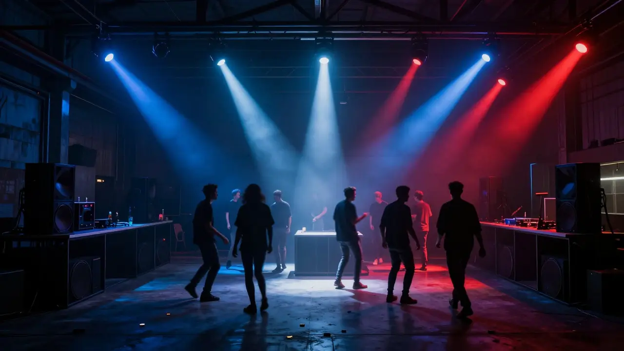 Industrial nightclub at night with silhouetted dancers under strobe lights, haze filling the air, no visible signage.