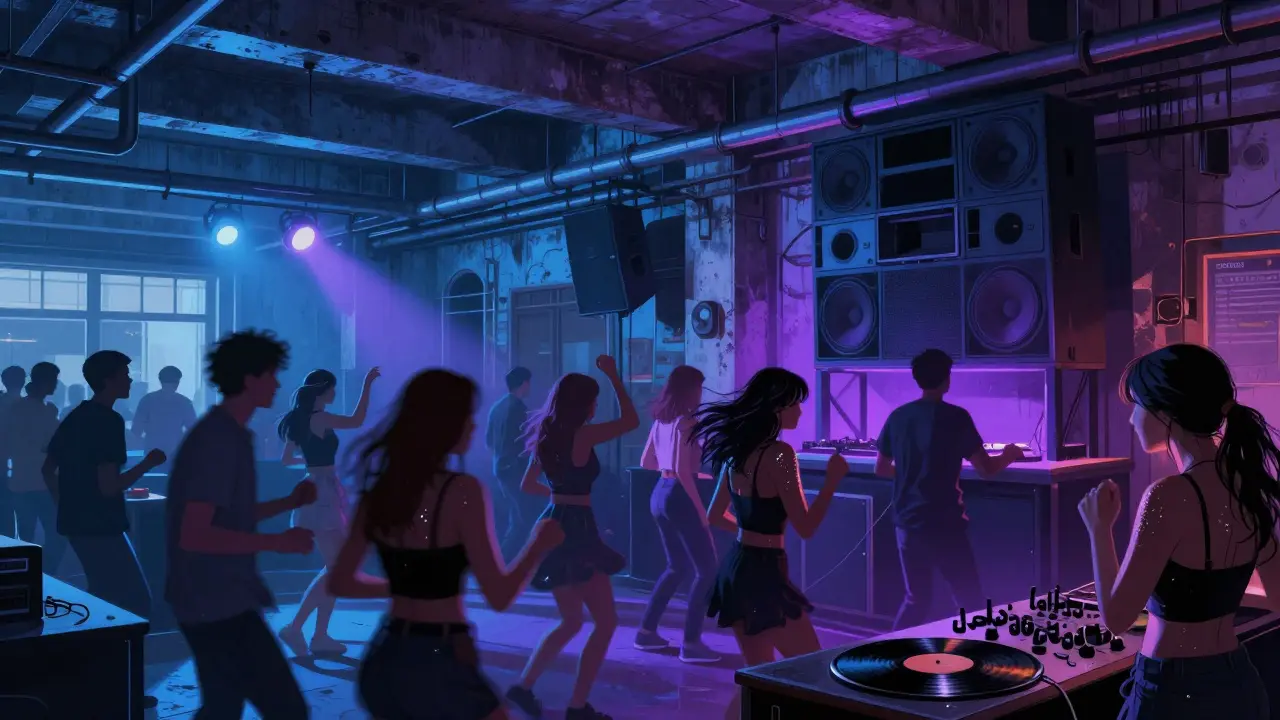Industrial warehouse club with dancers under pulsing lights, exposed ceilings and vinyl records nearby.