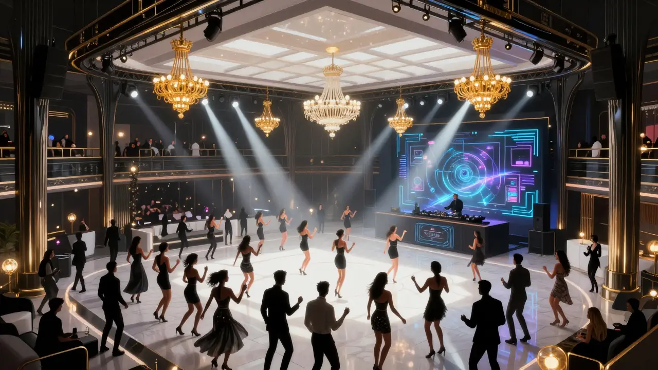 Interior of White Dubai club with vibrant lights, dancing crowd, and holographic visuals under a retractable roof.