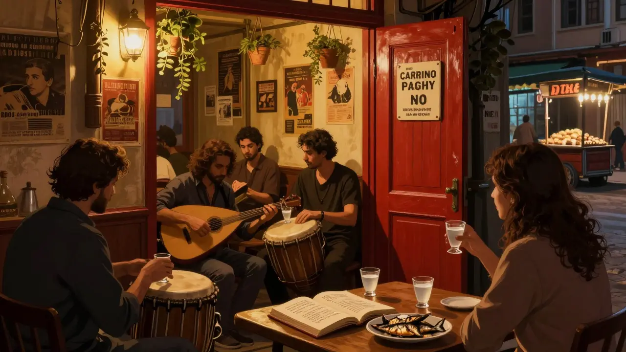 Intimate scene inside Çarşı bar: musicians play oud as patrons sip raki under warm lamplight.