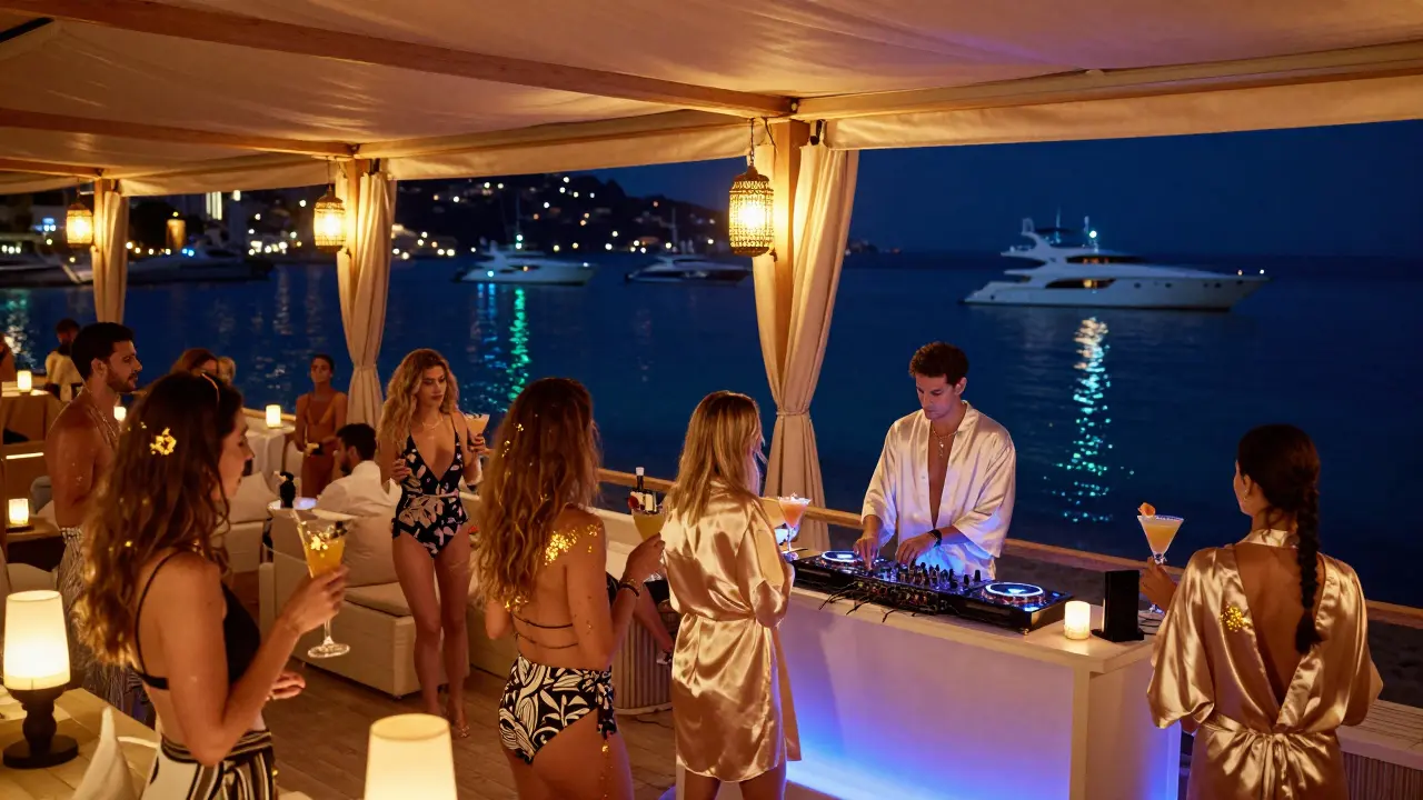 Luxury beach club with cabanas, glowing sea, and guests enjoying cocktails under midnight stars.