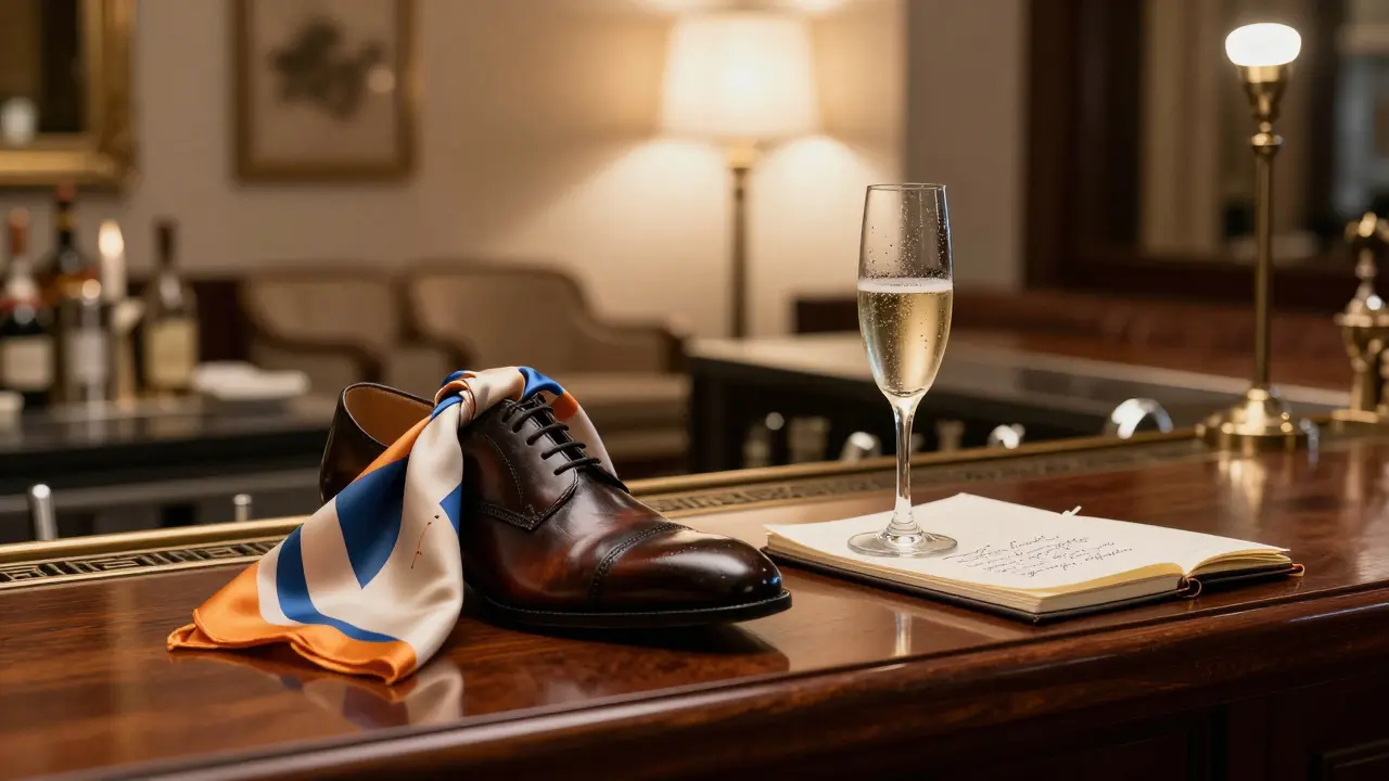 Luxury hotel lounge with leather shoe, silk scarf, and champagne glass on bar counter.