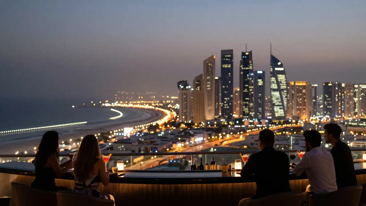 Luxury rooftop bar with panoramic city lights glowing below at twilight.