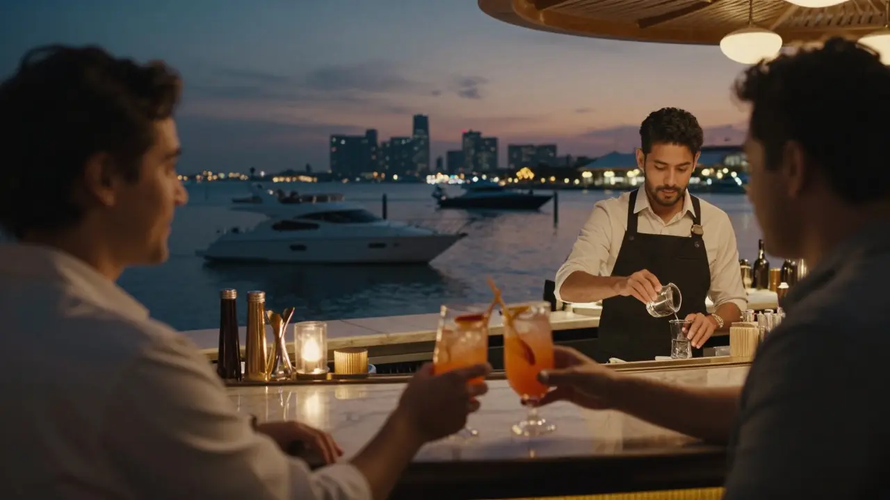 Marina bar at night with yachts reflected in water, couple clinking cocktails under golden lighting.