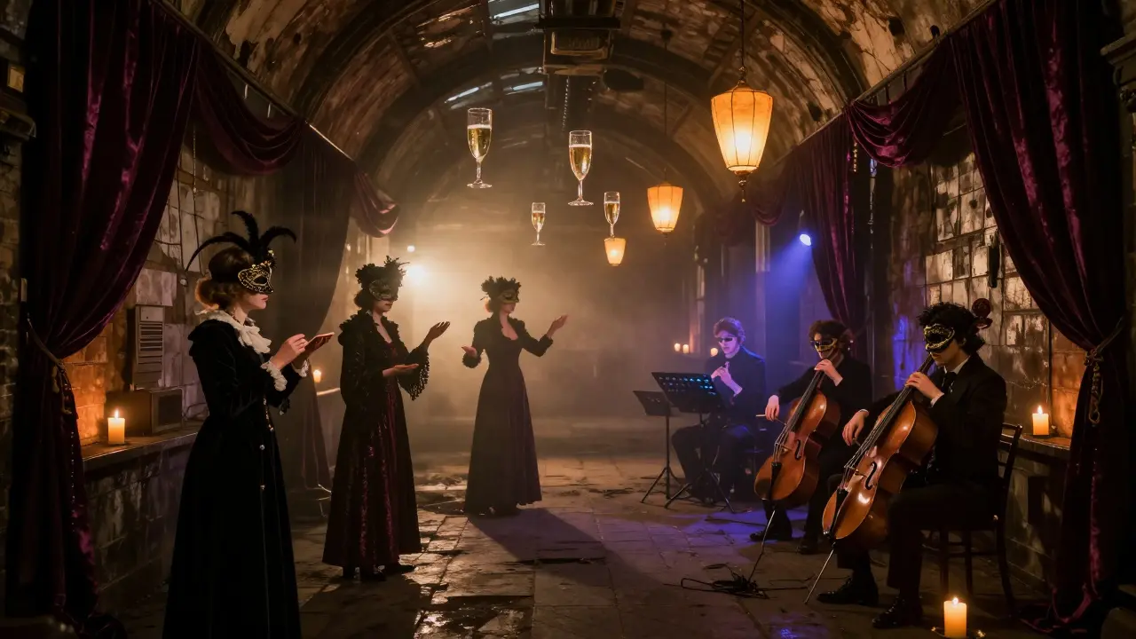 Mysterious masked guests in candlelit railway tunnels, sipping champagne while a string quartet plays under floating lanterns.