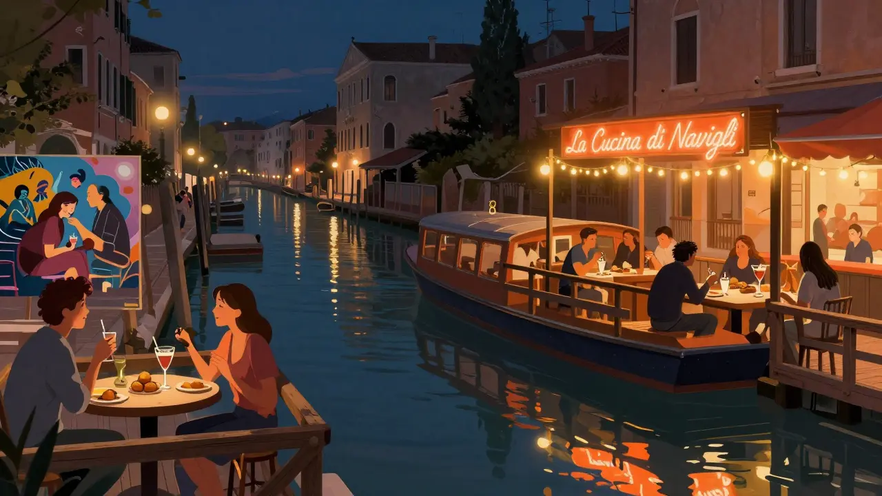 Navigli canals at midnight with floating bars, string lights, and people enjoying food by the water.