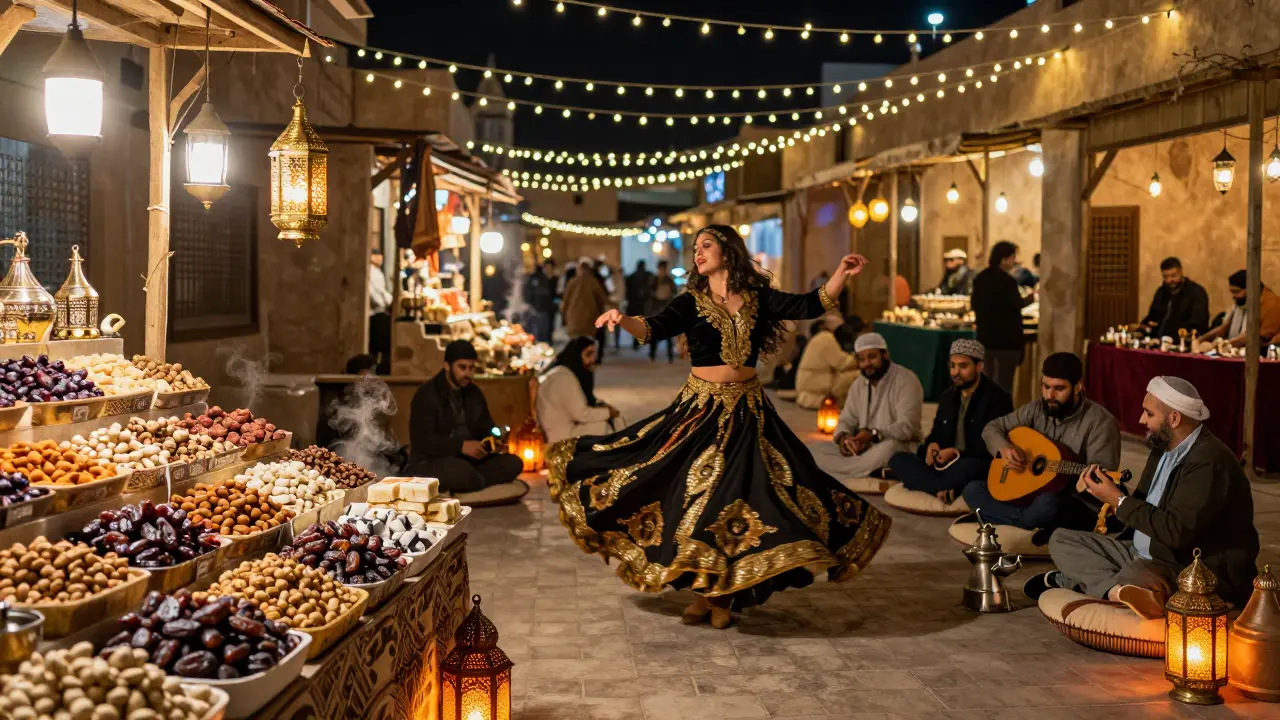Night market with stalls, lanterns, and a belly dancer performing under fairy lights, guests seated on cushions.