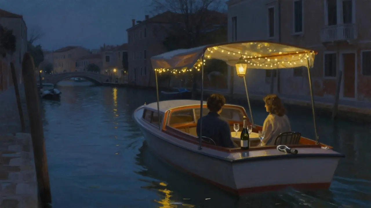 Private boat on Navigli Canal at night, lanterns glowing on water with prosecco glasses nearby.