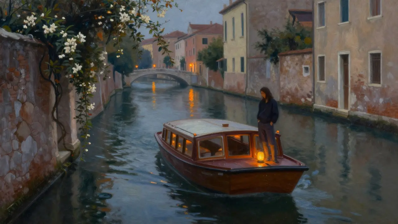 Private boat on Naviglio Grande at twilight, floating lanterns reflecting on water, woman leaning on rail.