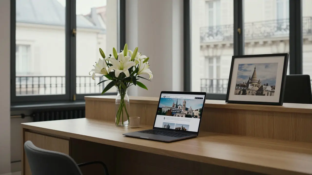 Professional escort agency office in Montmartre with minimalist decor and natural daylight.