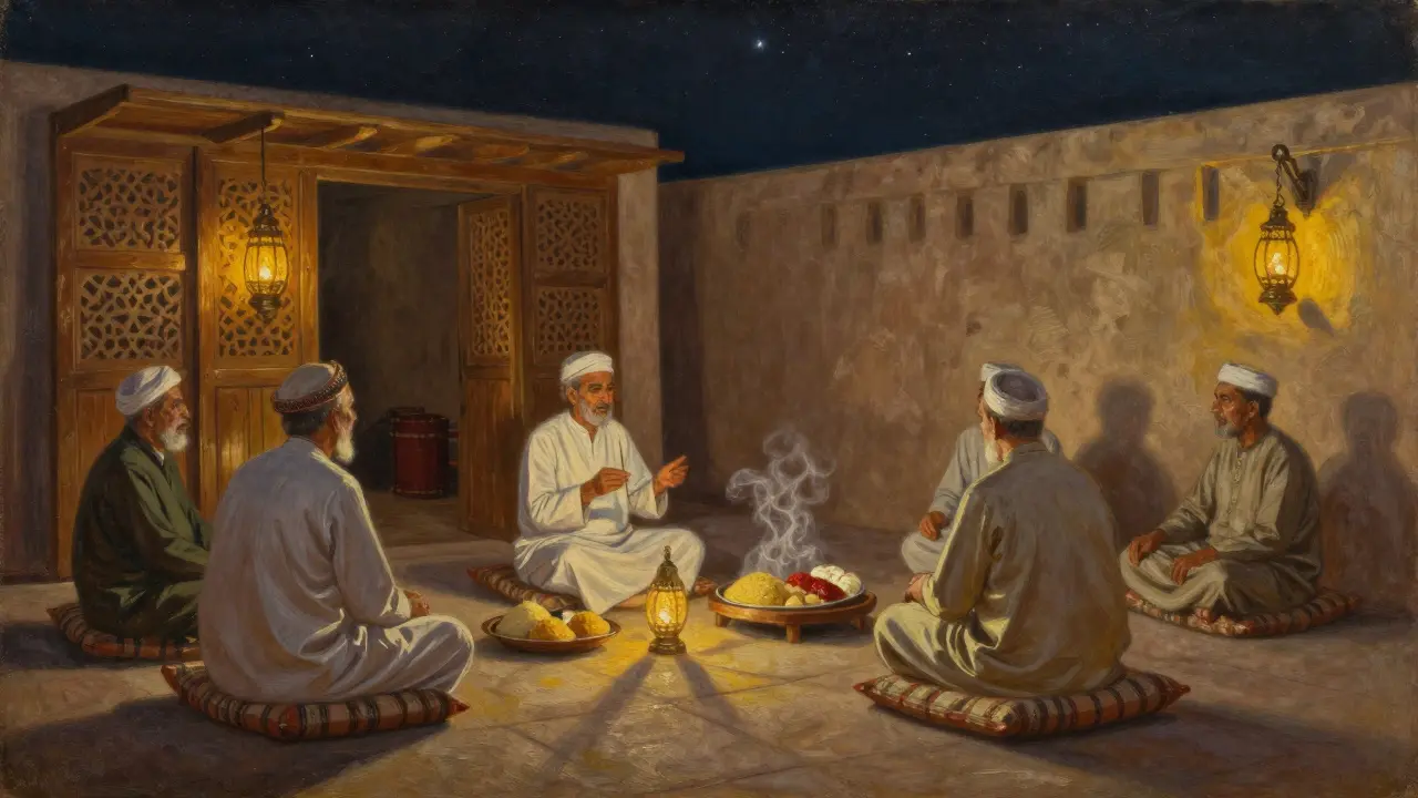 Quiet courtyard at Al Fanar with lanterns, guests listening to a storyteller under stars.