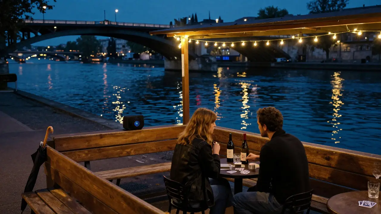Quiet riverside bar at night with couple sharing wine, fairy lights, and reflections on the Seine.