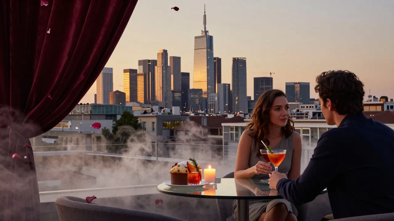 Rooftop bar overlooking Milan at dusk, cocktails on glass table, city skyline glowing softly in background.