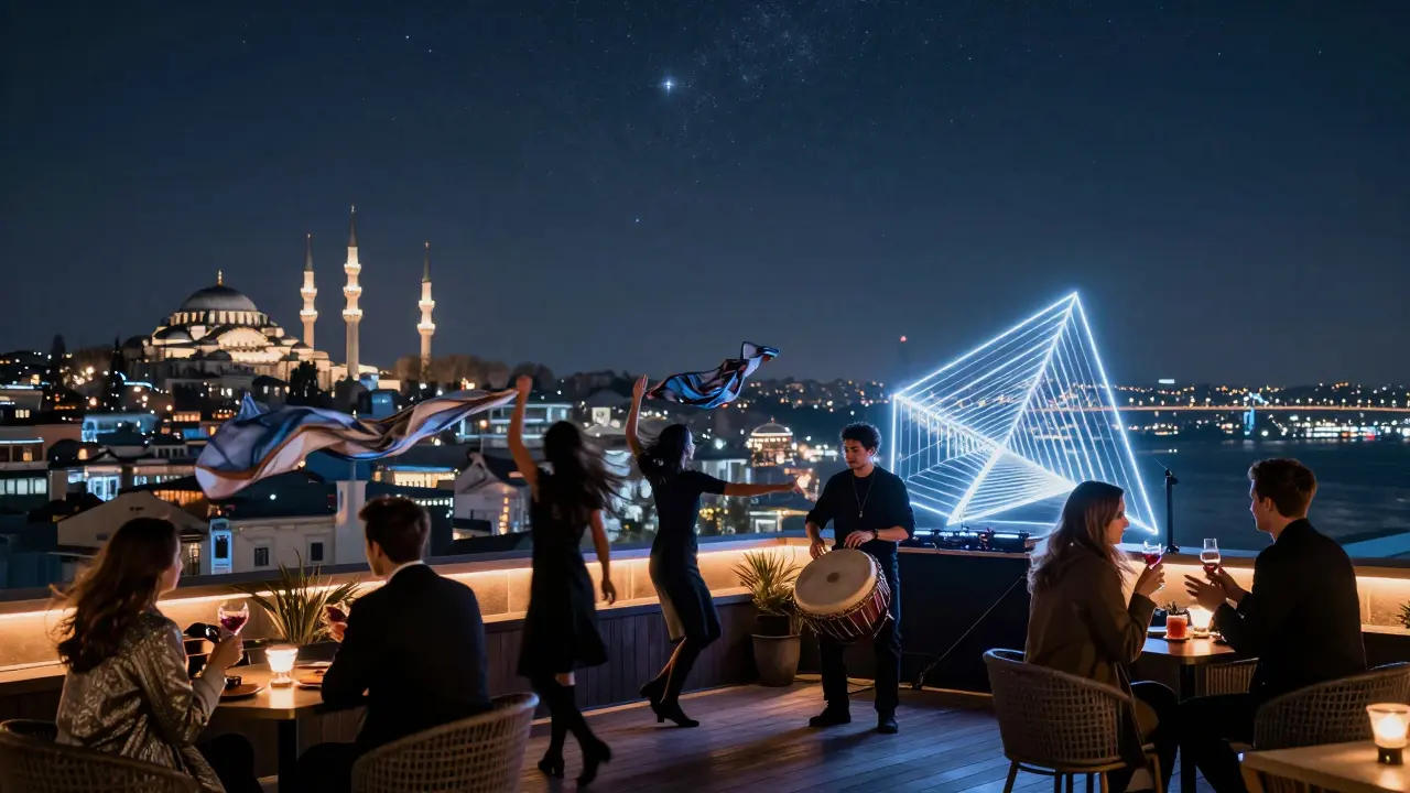Rooftop party at 360 Istanbul with minarets in background, dancers under stars and live drums.