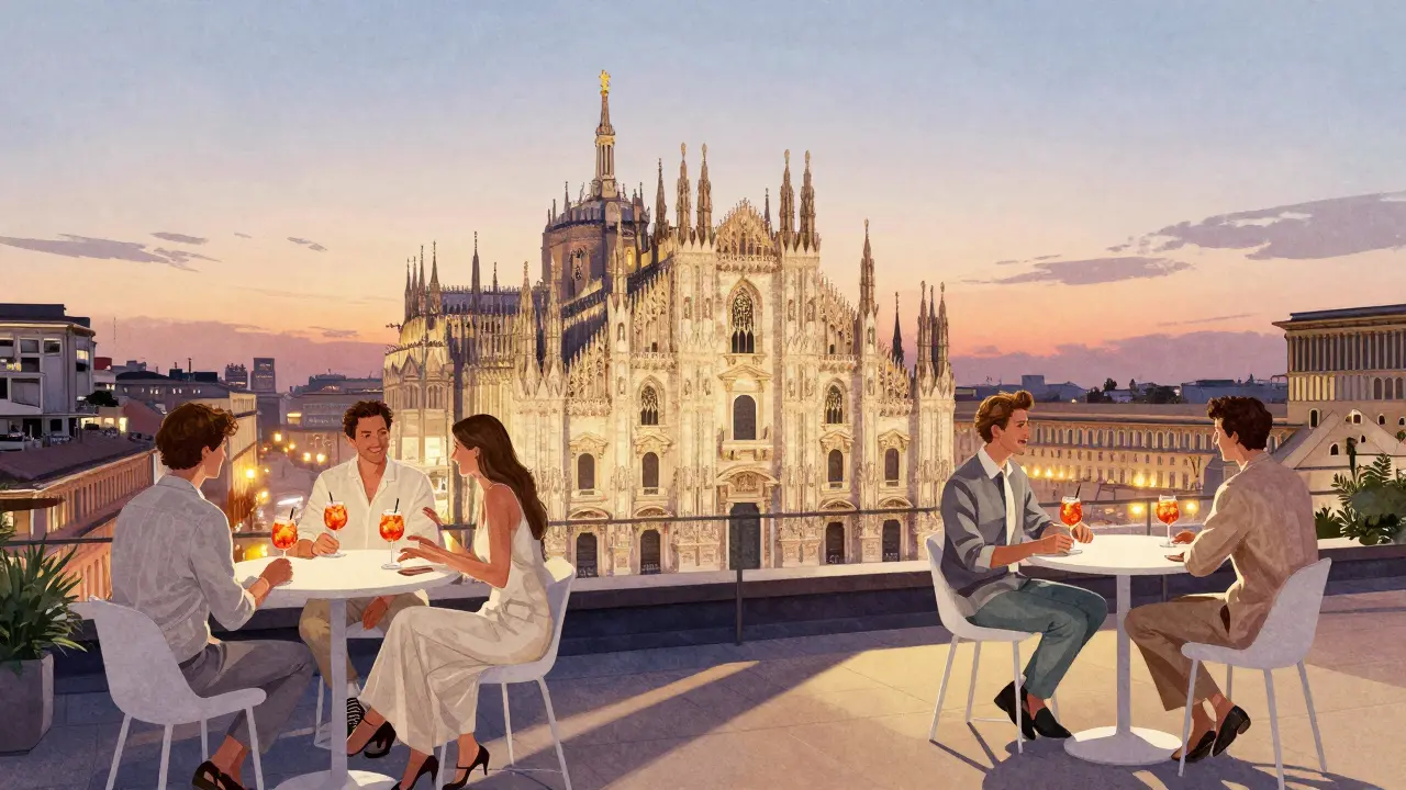 Rooftop terrace at sunset with Milan’s skyline and Duomo glowing, guests sipping drinks in elegant casual attire.