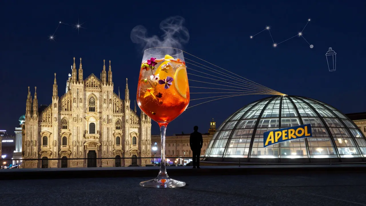 Rooftop terrace with Aperol Spritz floating above Milan’s illuminated Duomo at night.