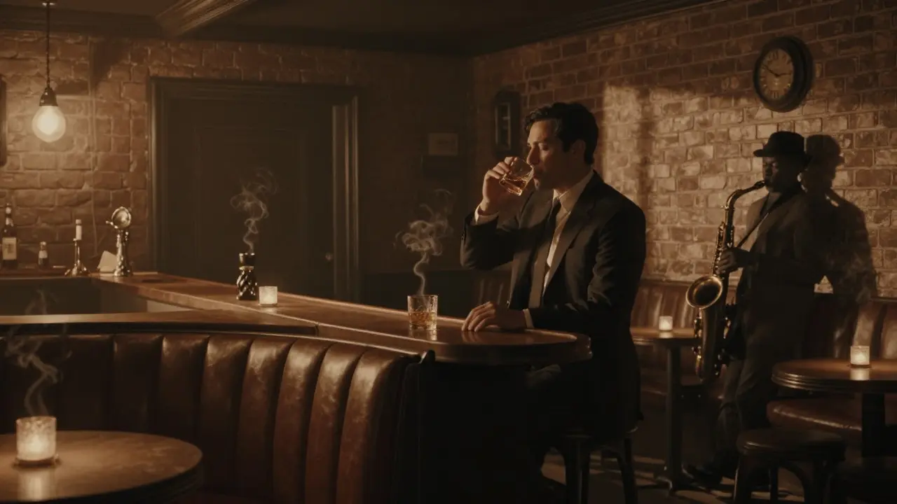 Secret jazz speakeasy with dim lighting, leather booths, and a lone man sipping whiskey.