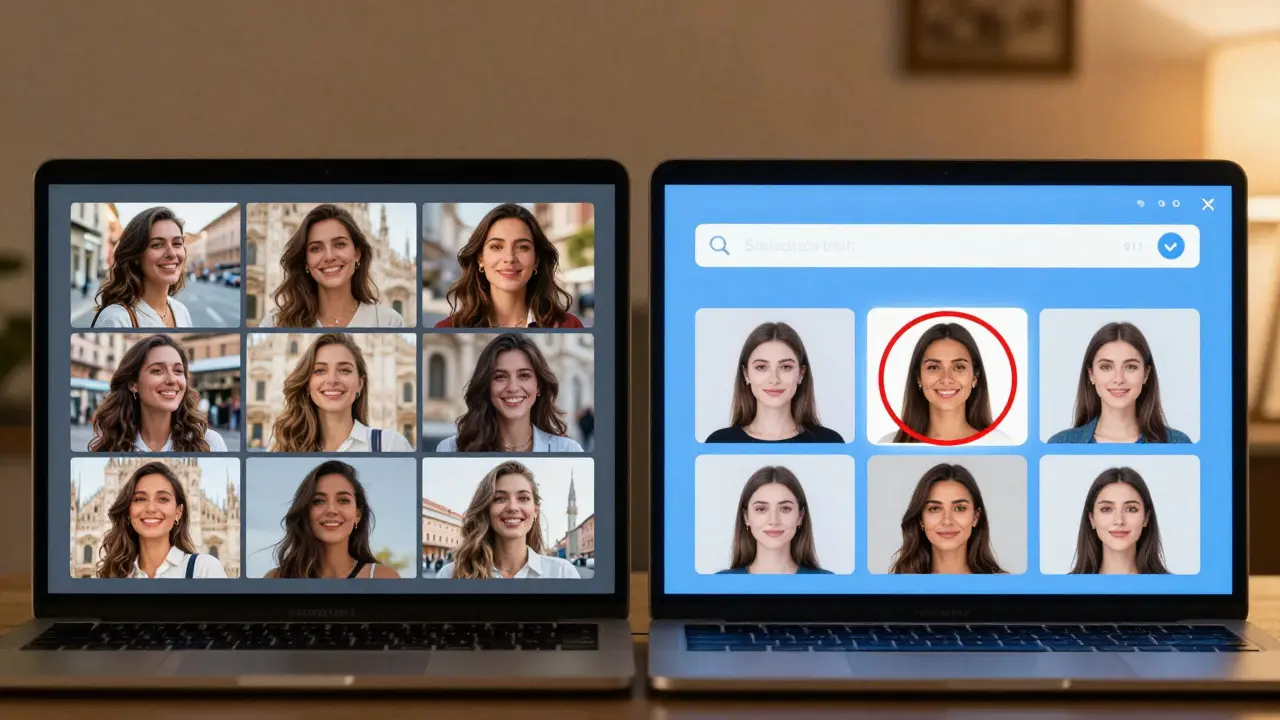 Side-by-side comparison of authentic and fake escort profile photos on a laptop screen.