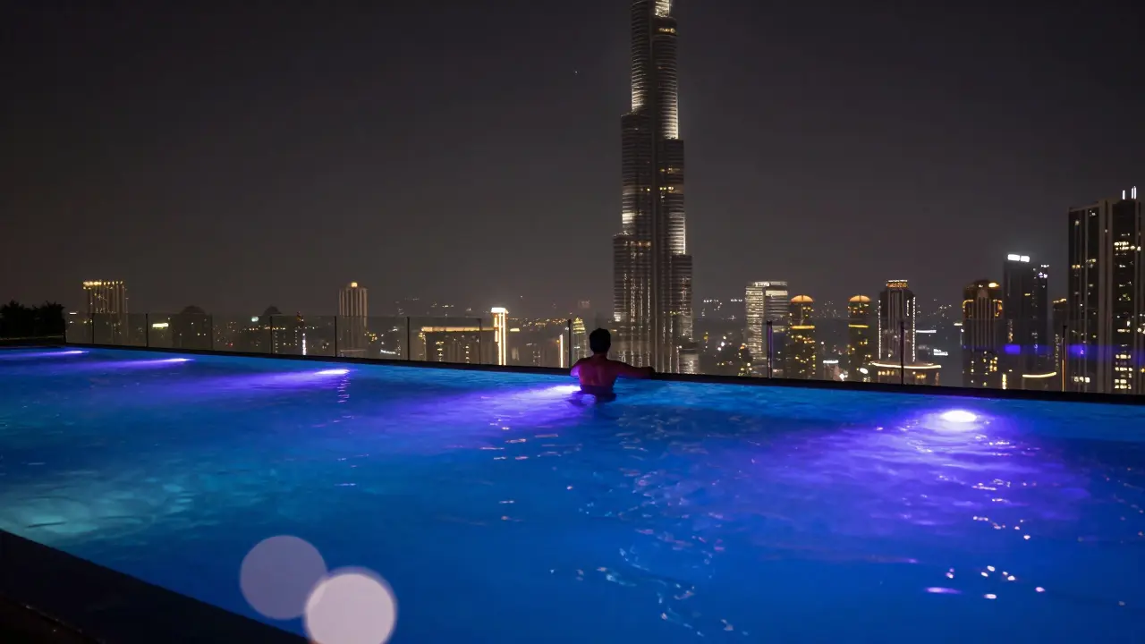 Silhouette at an infinity pool with glowing water and the Burj Khalifa in the distance.