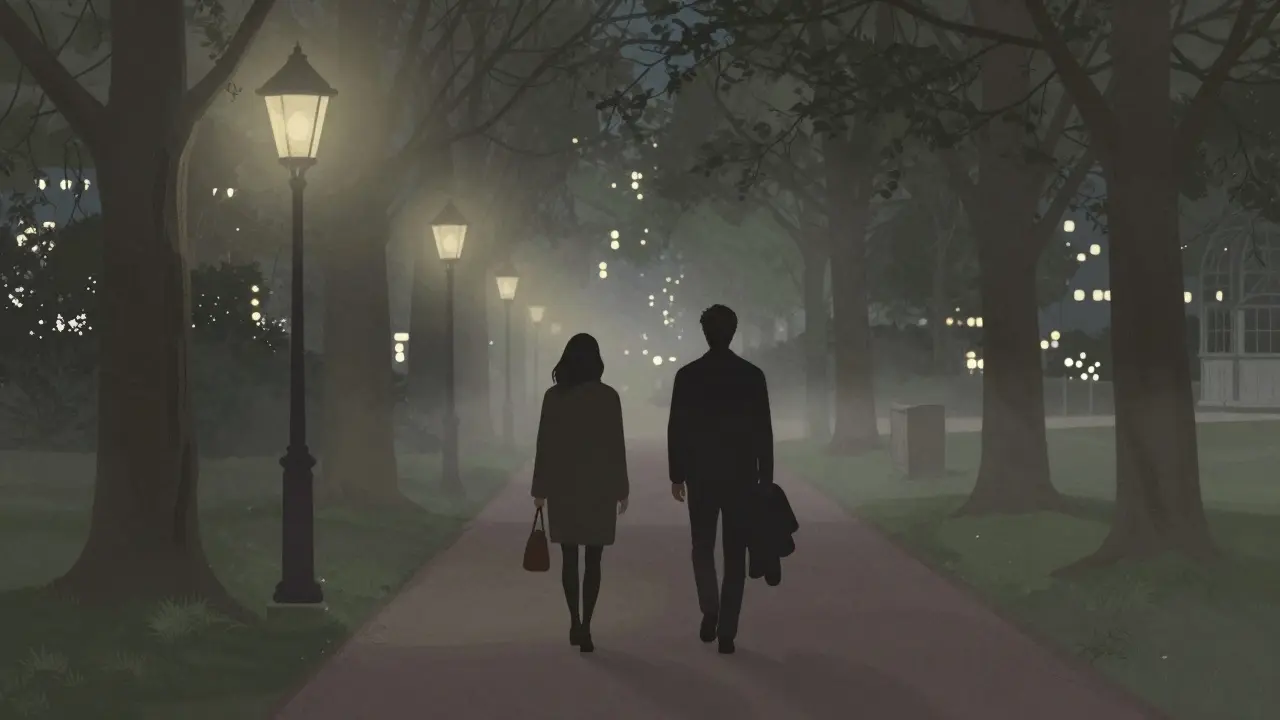 Silhouetted figures walking peacefully along a garden path at night in Berlin.