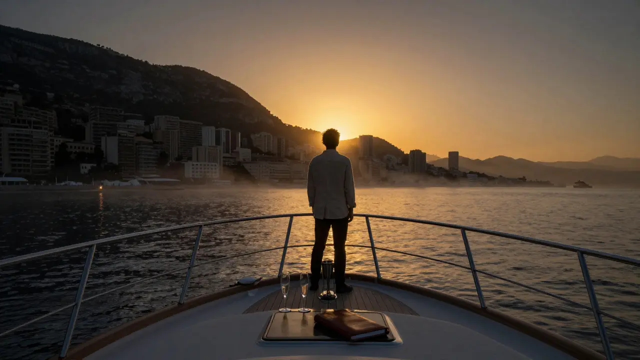 Solitary figure on a yacht at sunrise watching the Mediterranean turn gold over Monaco&#039;s cliffs.