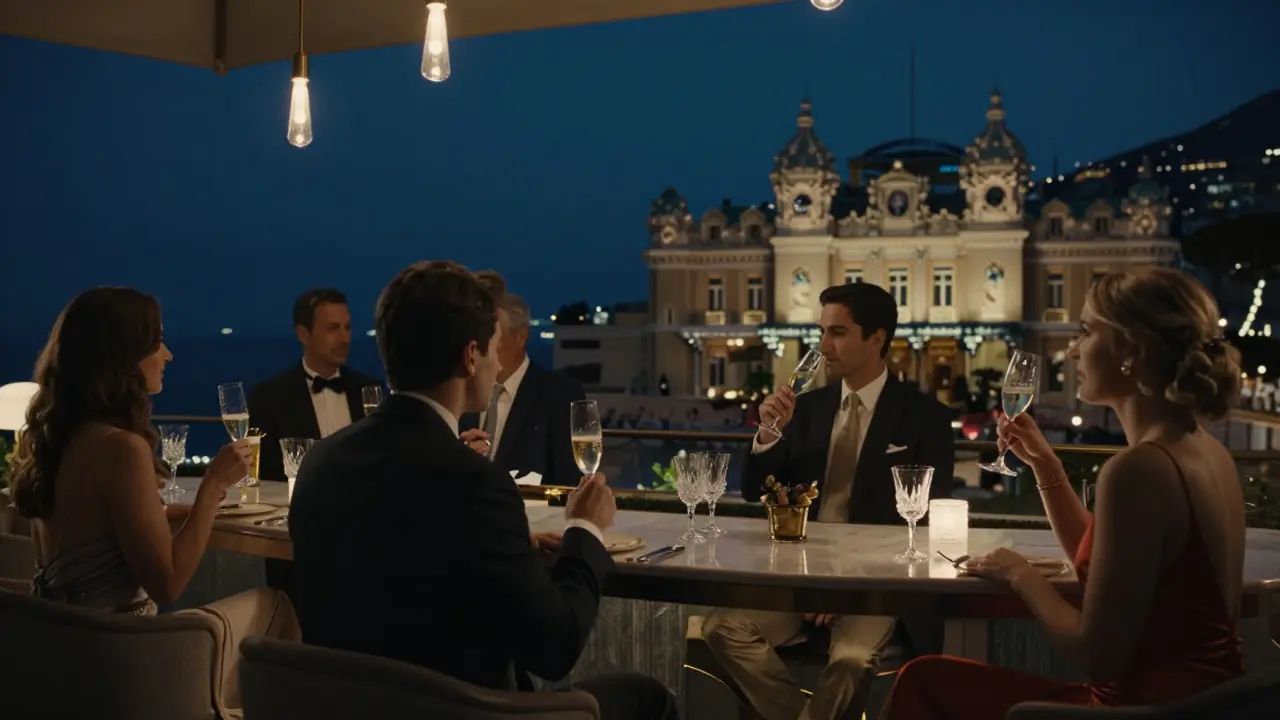 Sophisticated rooftop bar scene at Le Ritz-Carlton with guests sipping champagne as Monte Carlo glows in twilight.