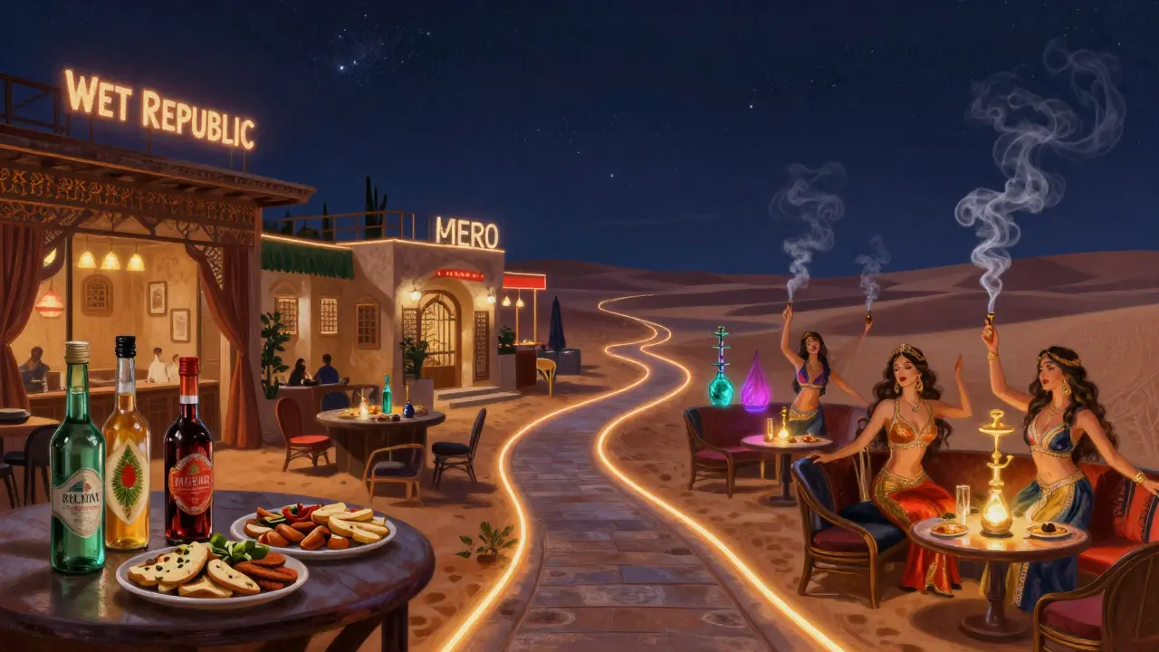 Surreal path connecting Dubai’s nightlife venues from rooftop club to cultural lounge under starry sky.