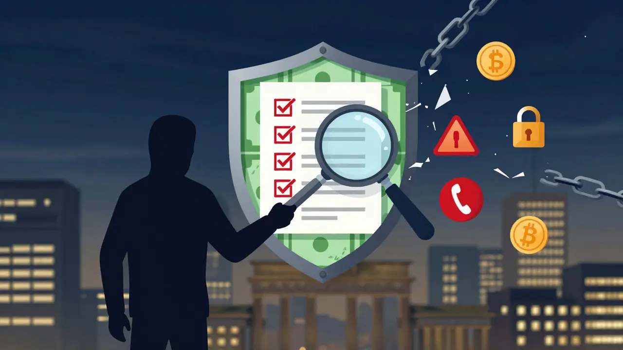 Symbolic shield of cash, checklist, and magnifying glass protecting against scammer shadows in Berlin.