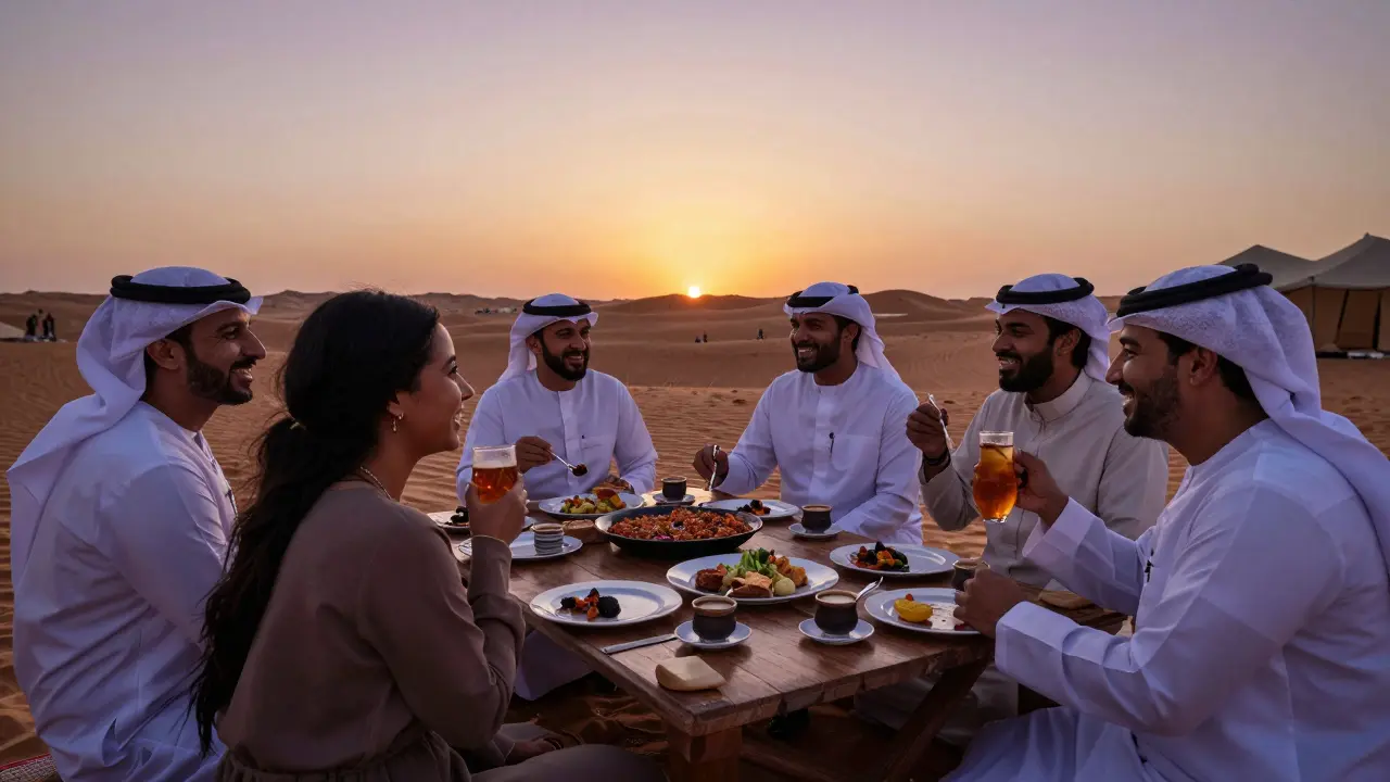 Travelers enjoy a desert dinner under stars, laughing together in a safe, welcoming setting.