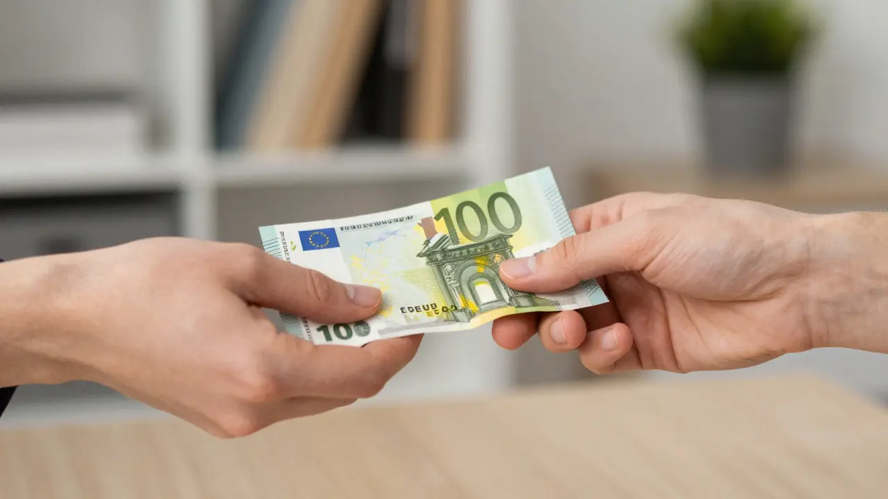 Two hands exchanging cash in a private room, no faces shown, soft blurred background.