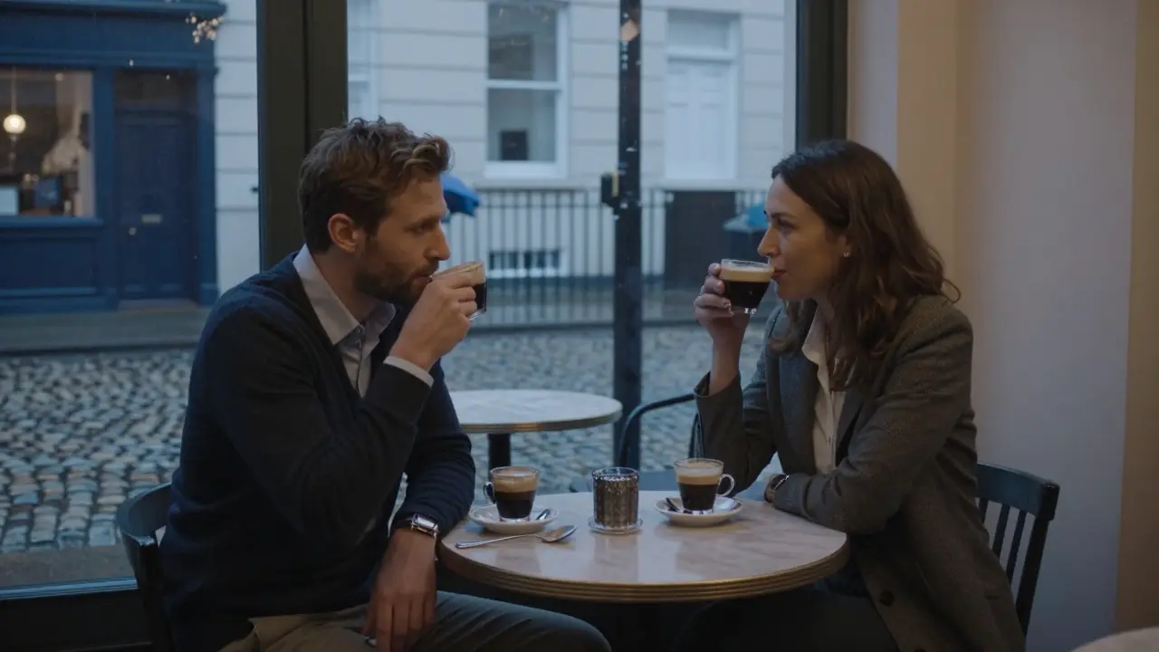 Two individuals converse calmly in a quiet Kensington café at dusk, sharing a respectful, unspoken understanding.