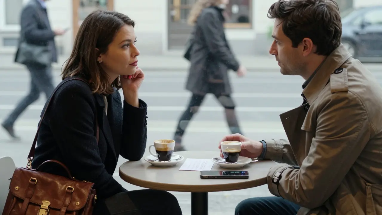 Two individuals meet in a Berlin café, exchanging subtle signals over coffee, their identities partially hidden.
