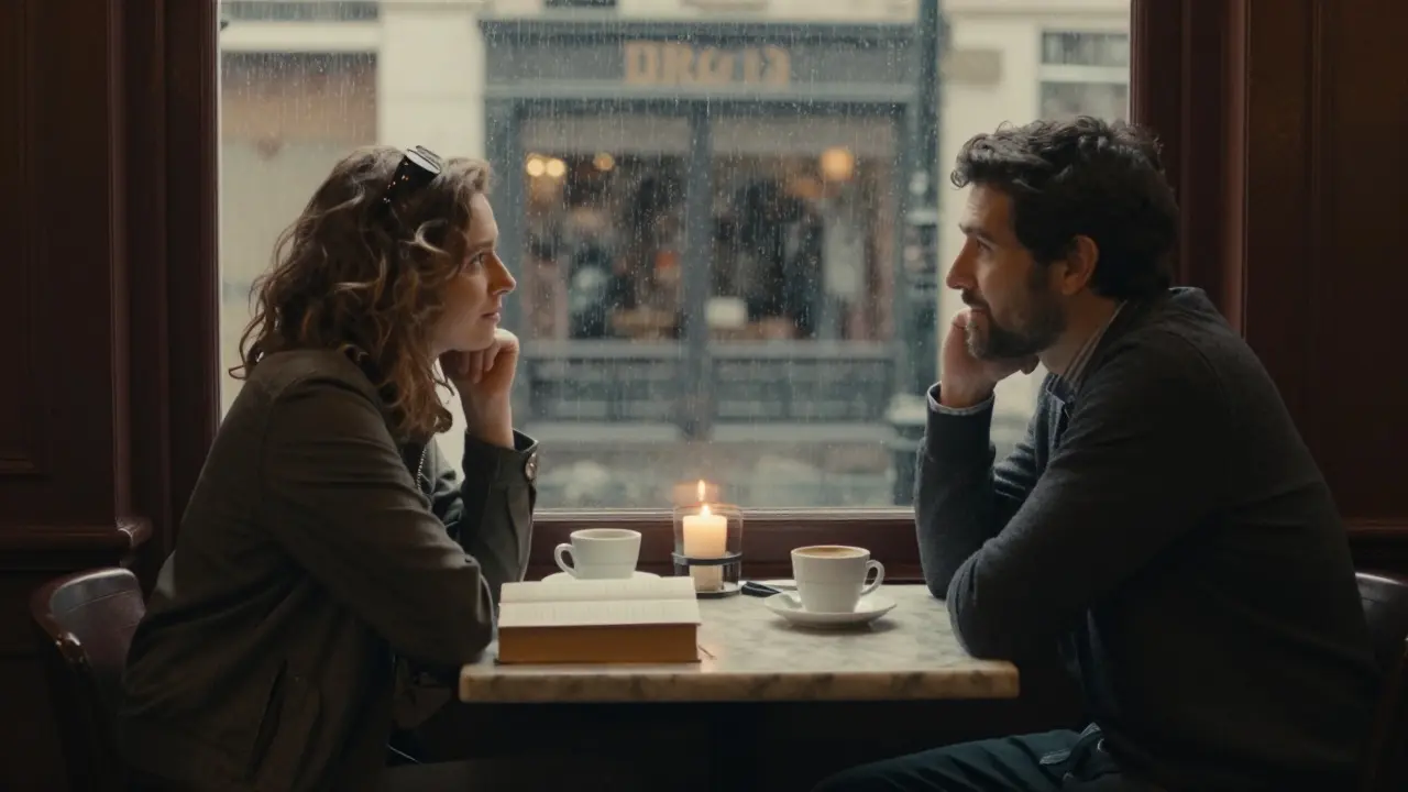 Two people conversing warmly in a classic Parisian literary café.