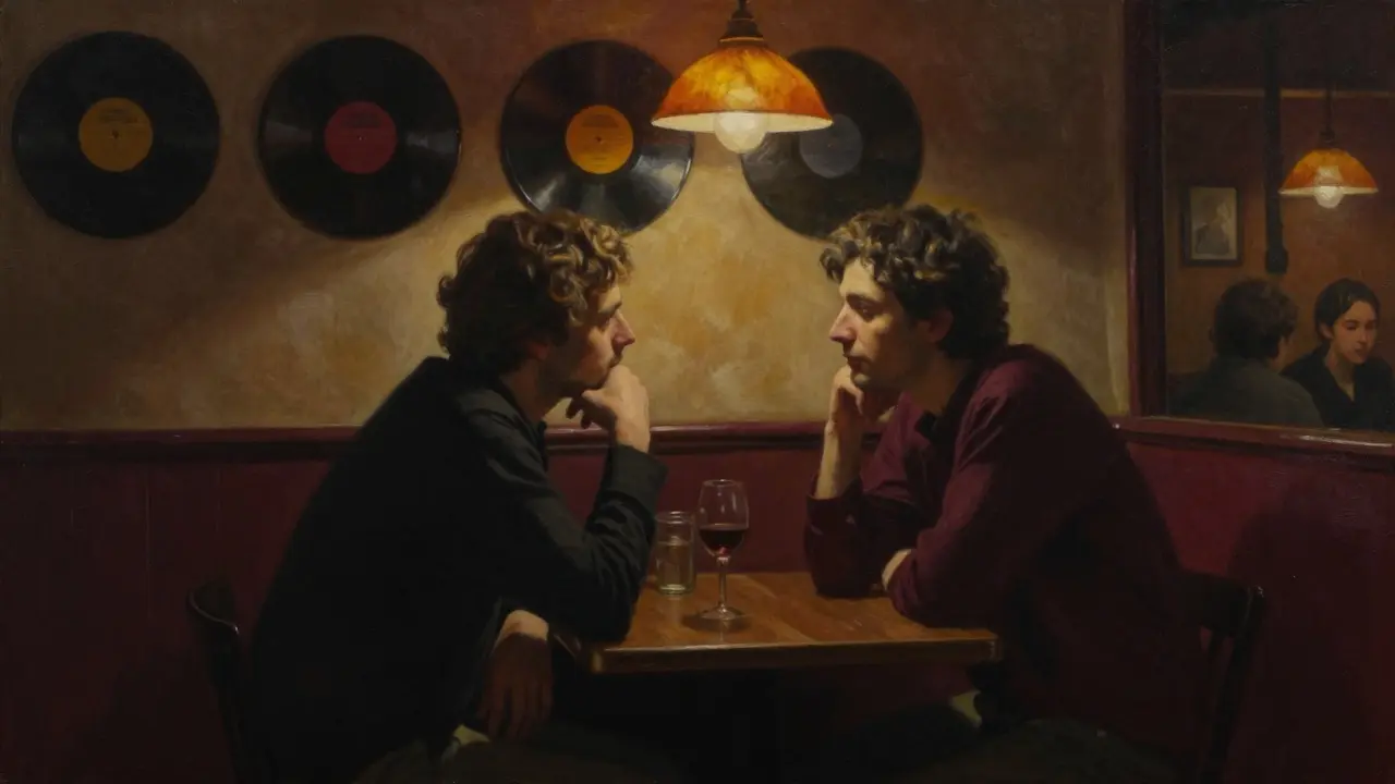 Two people share a quiet moment in a dim jazz bar, wine glass in hand, soft lighting casting warm shadows.