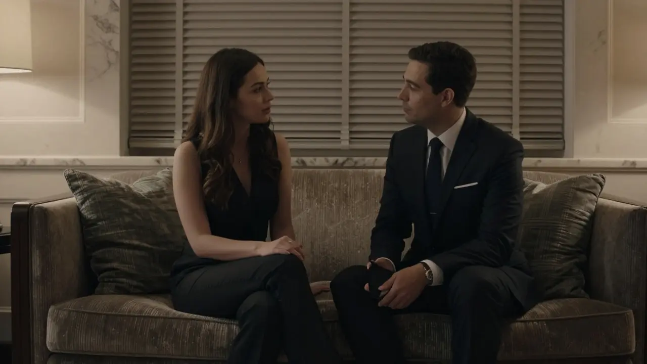 Two people sitting quietly together in a luxury hotel suite, engaged in thoughtful conversation at night.